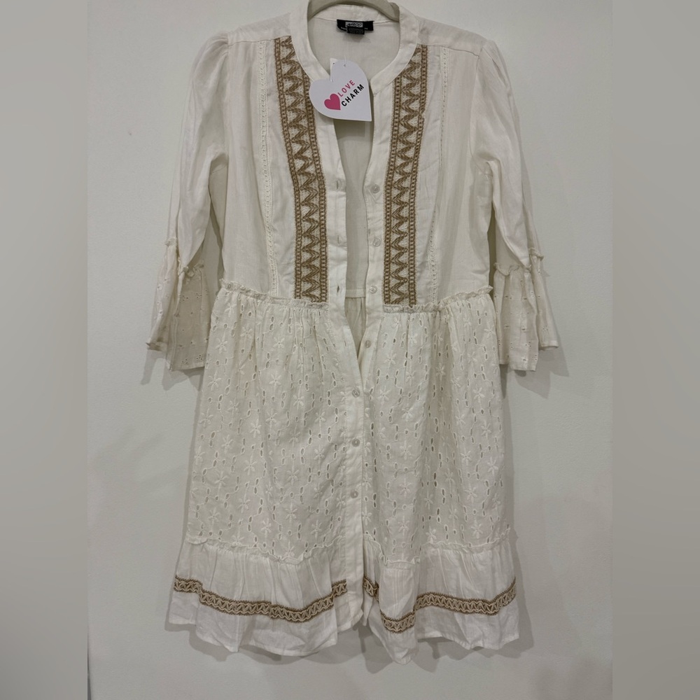 NAOO Nation AK Couture Ivory Boho Embroidered Cotton Dress Size M